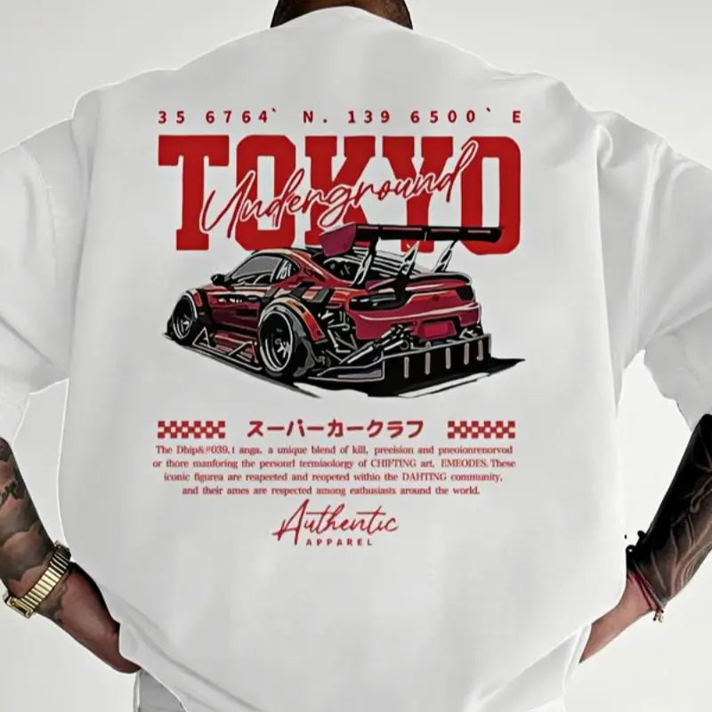 Men's Regular Fit Car & Letter Print Round Neck Tee, Street Fashion Casual Short Sleeve T-shirt for Daily Wear, Men's Top for All Seasons, Tropical, Streetwear.