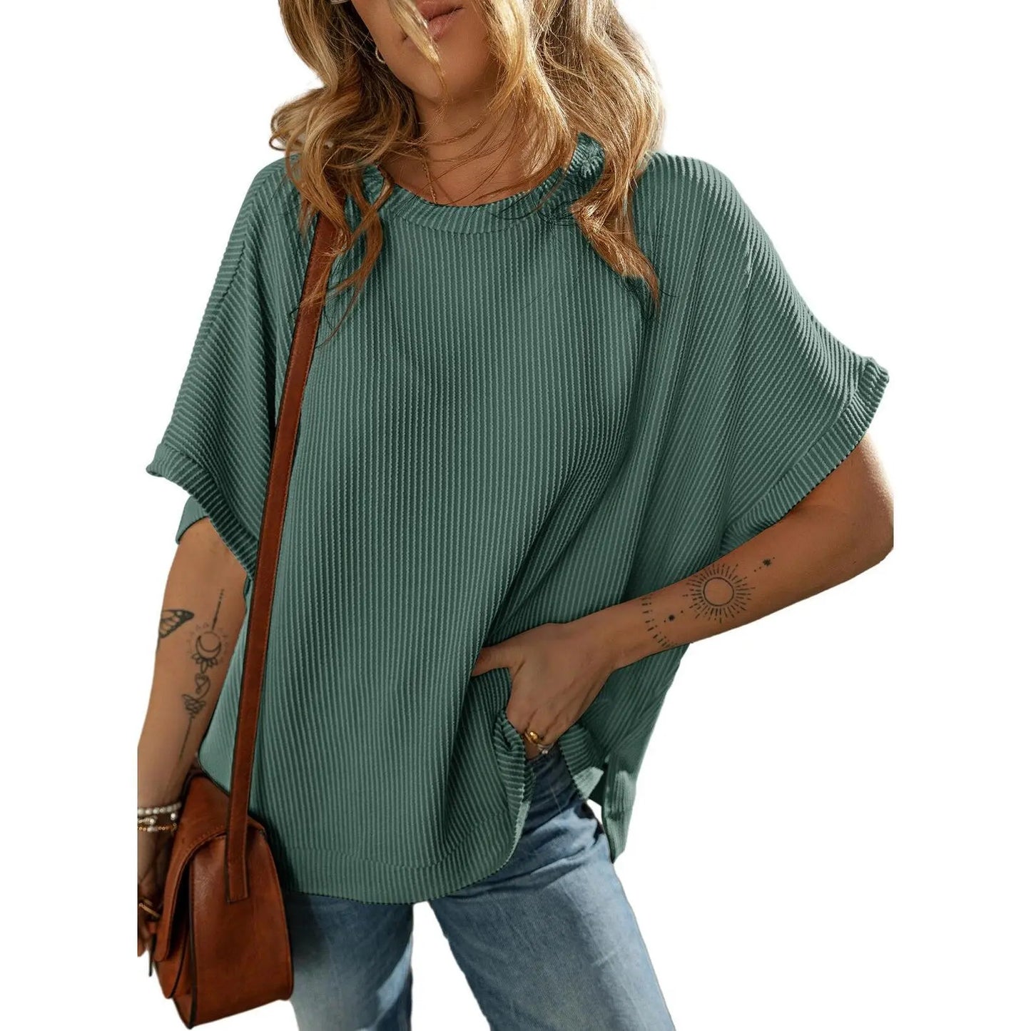 Dokotoo Women's Summer Casual Short Sleeve Solid Color Loose Texture Knit Tunic Tops Blouses with Crew Neck & Side Slits