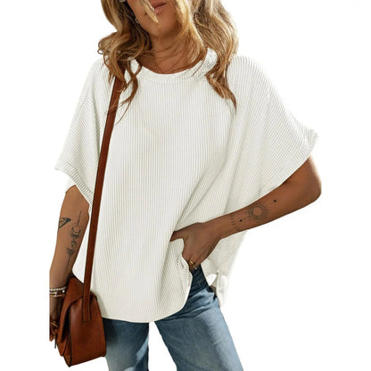 Dokotoo Women's Summer Casual Short Sleeve Solid Color Loose Texture Knit Tunic Tops Blouses with Crew Neck & Side Slits