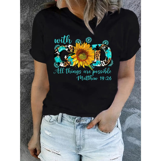 Sunflower Print Crew Neck T-shirt, Short Sleeve Casual Top for Summer & Spring, Women's Clothing, Leisure Style, Xia  Golf Gift T-Shirt For Men and Women
