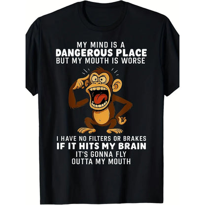 Mens Humorous Monkey Graphic T Shirt Featuring My Mind Is a Dangerous Place Slogan Perfect Casual Short Sleeve Party Tee for Fourth of July Comfortable Breathable Soft Fabric with Medium Stretch and Round Neck