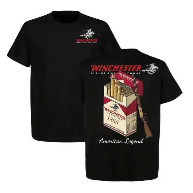 Winchester Men's T-Shirt, American Legend, 1866 AmmoBox Graphic, Lever Action Rifle Print, HuntingApparel, Gun Enthusiast Gift, Short Sleeve, CowboyWestern Style tees quarter zip men lemon demon clothes gorlock destroyer tshirt ,Men's Solid Color Crewneck
