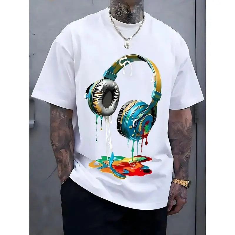 Men's Navy Blue Graphic Tee with Vibrant Headphone Print - ,Casual & Trendy, Short Sleeve Crew Neck T-Shirt, Machine Washable for Summer Fashion, Street Fashion Tee |   Graphic Print Shirt |   Durable Casualwear