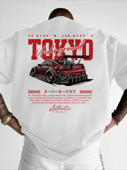 Men's Regular Fit Car & Letter Print Round Neck Tee, Street Fashion Casual Short Sleeve T-shirt for Daily Wear, Men's Top for All Seasons, Tropical, Streetwear.