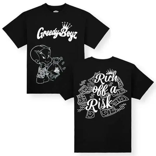 GreedyBoyz T-shirt - Casual Cotton Unisex Short Sleeve T-shirt with "Rich off a Risk" Design - Machine Washable - All Seasons - Classic StyleNovelty Graphic T Shirt funny tshirt Undershirts Tees Casual Streetwear Classic Plain Men's Women Cotton Moisture