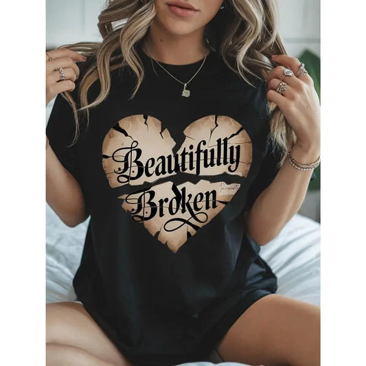 Women's Casual Crewneck T-Shirt with "Beautiful Broken" Heart Print, Regular Length, Perfect for Daily Wear, Spring/Summer Fashion, and Back to School Outfits, Ideal for All Seasons, Addicted Top for 2025 Summer Clothes Women.
