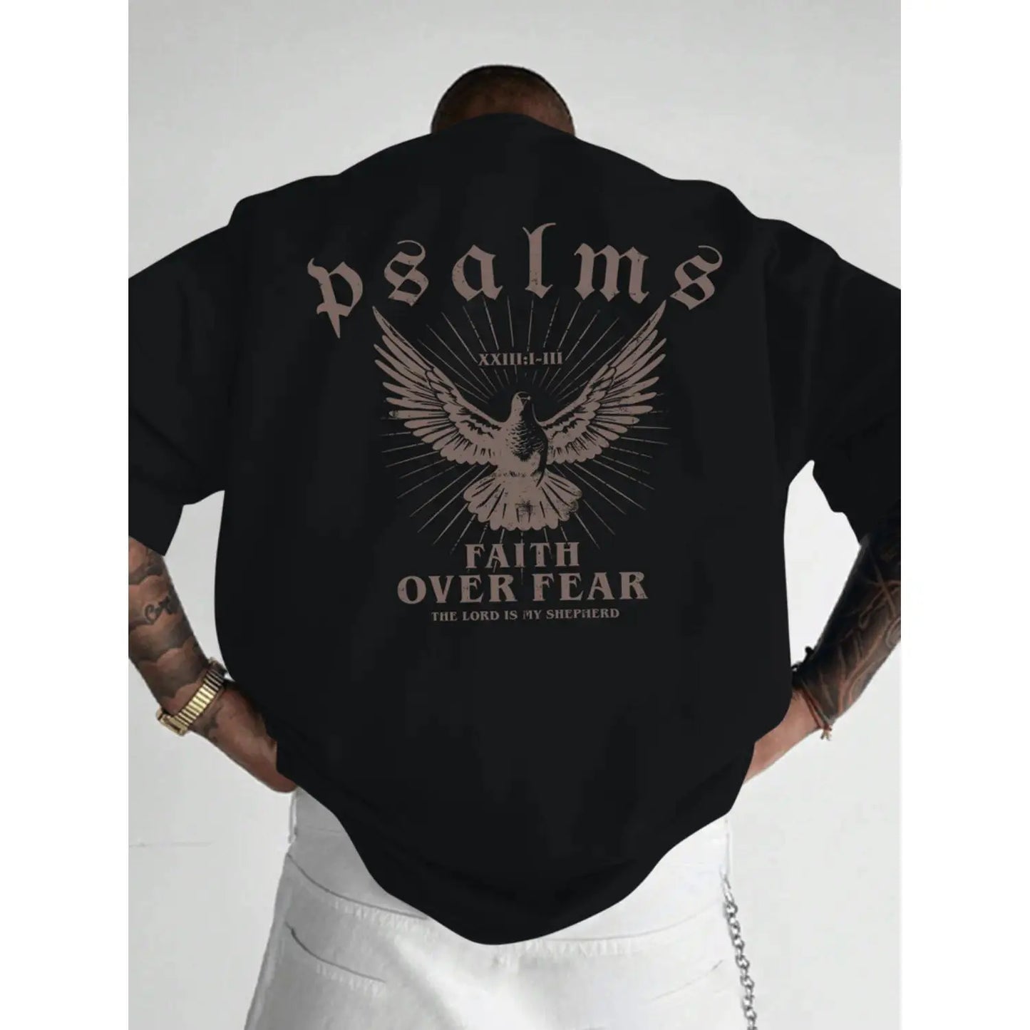 Faith is Better Than Fear T-shirt with psalm design, loose version crew neck short sleeves, men's casual wear, sports fan gift, bright black T-shirt.