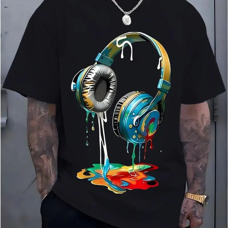 Men's Navy Blue Graphic Tee with Vibrant Headphone Print - ,Casual & Trendy, Short Sleeve Crew Neck T-Shirt, Machine Washable for Summer Fashion, Street Fashion Tee |   Graphic Print Shirt |   Durable Casualwear