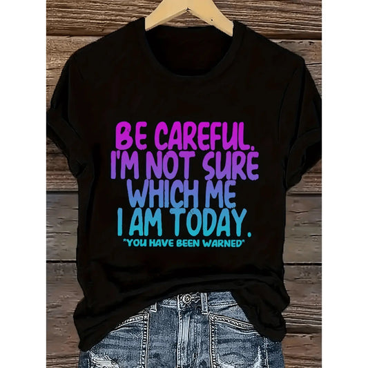 Womens Plus Size Humorous Be Careful Im Which I Graphic T Shirt Colorful Letter Print Loose Neck Short Sleeve Summer Tee Machine Washable Black Casual Top Text Shirt Ladies T Shirts Black -1