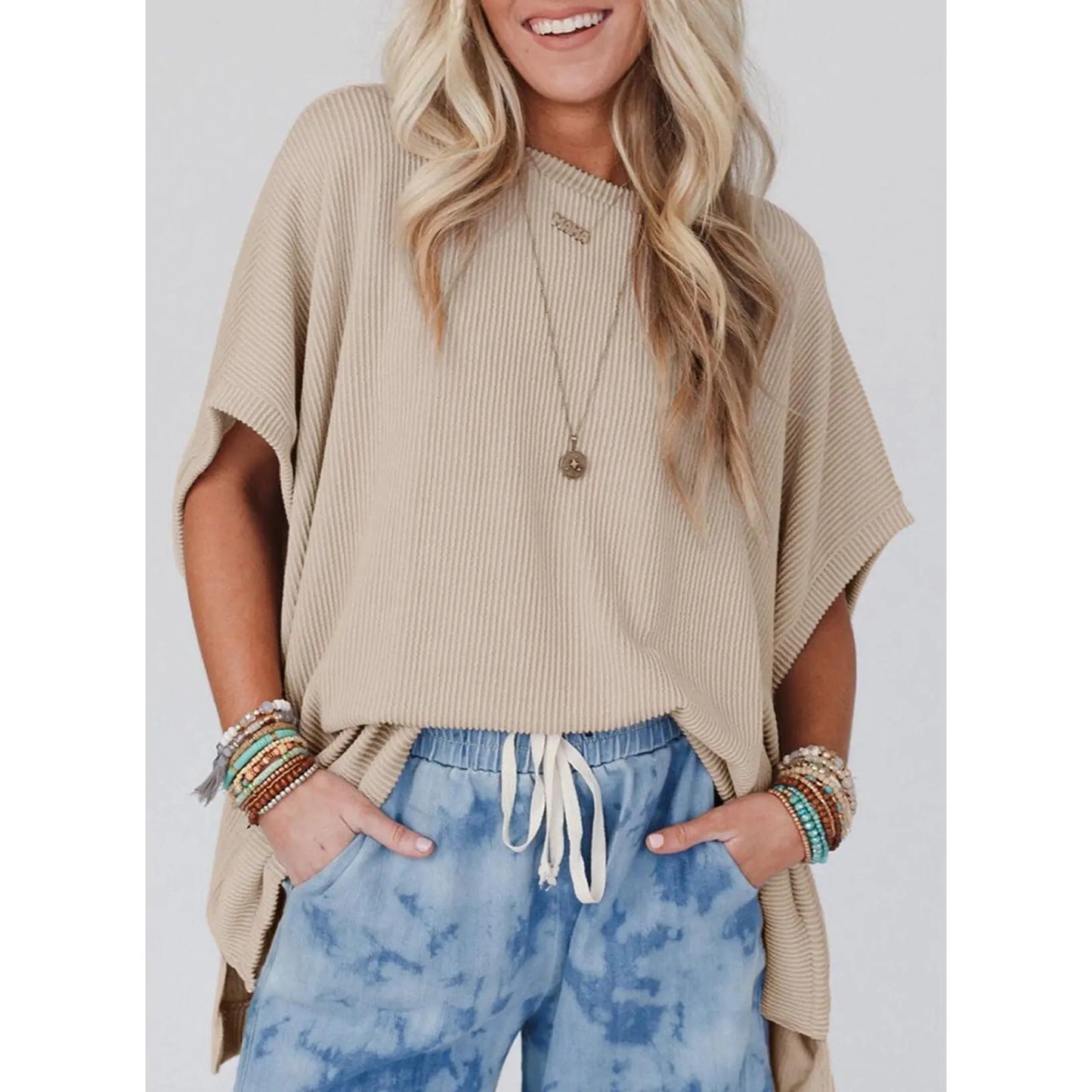 Dokotoo Women's Summer Casual Short Sleeve Solid Color Loose Texture Knit Tunic Tops Blouses with Crew Neck & Side Slits