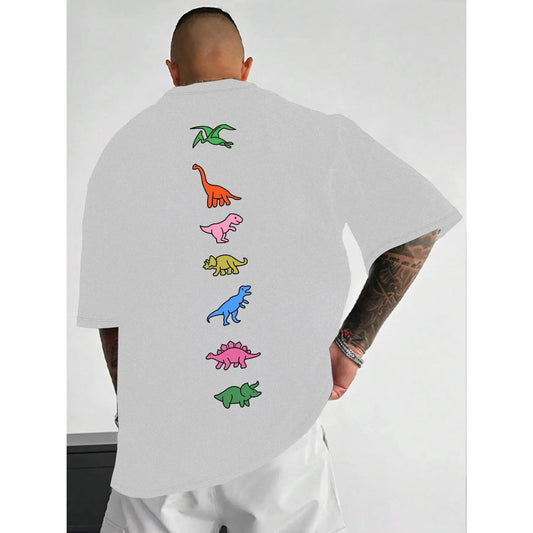 Unisex Men's Dinosaur Print Drop Shoulder Tee, Street Fashion Casual Short Sleeve Round Neck T-Shirt for Daily Wear, Men's Clothes for Summer, Casual Style Tee,Men's Solid Color Crewneck Tee for Gym & Casual