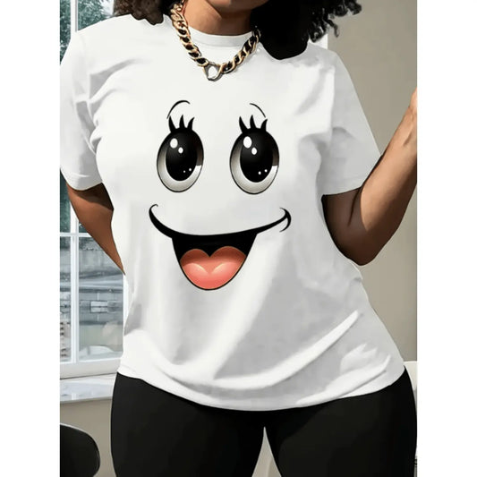 Stylish Summer Women T-Shirt With Smile Face Round Neck Short Sleeves In XL XXL Sizes White Casual Wear Golf Gift T-Shirt For Men and Women