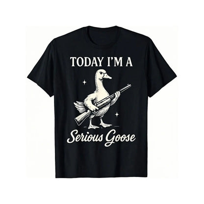 [100%25 Cotton] Graphic Tee With Serious Goose Print, Merging Quirky Animal Art And Funny Slogan, A Standout Casual Wear T-Shirt For Men And Women.