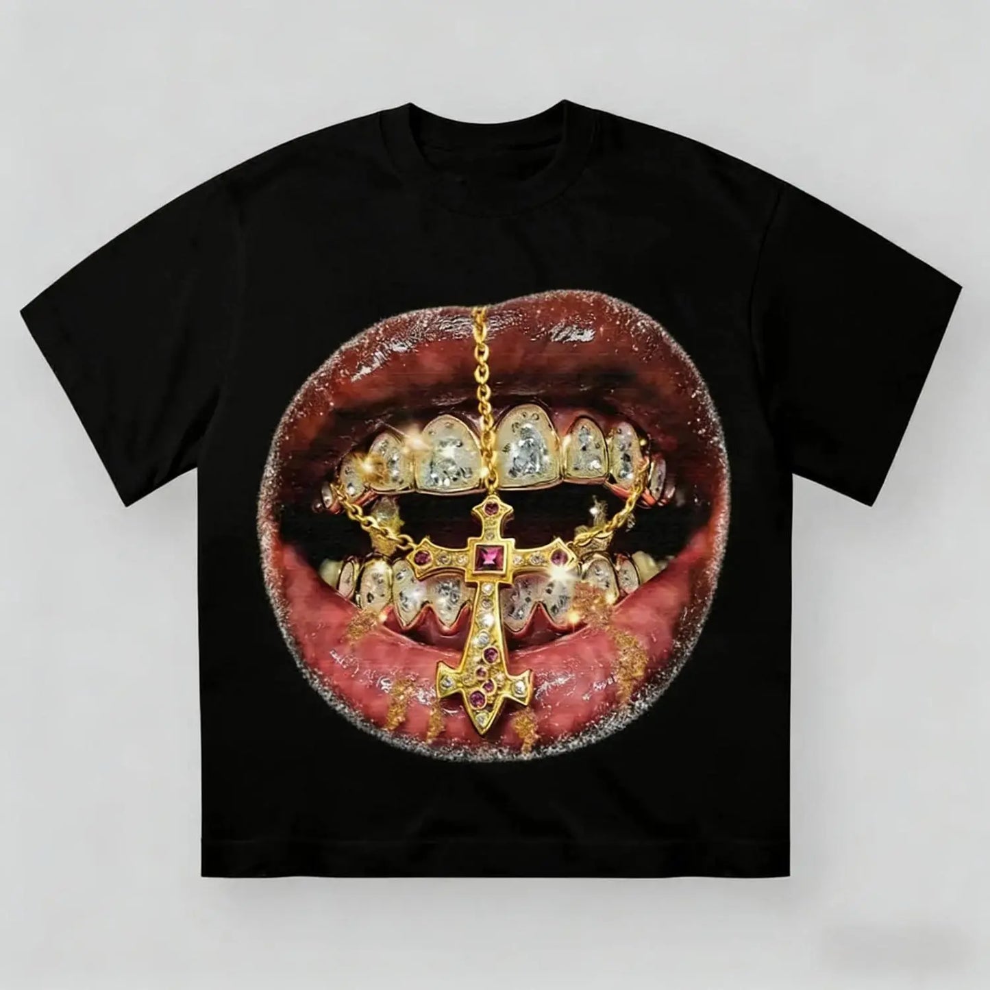 Premium Golden Cross Diamond Patch Grills Print Y2K Unisex Cotton Crewneck Short Sleeve Casual Streetwear T-Shirt