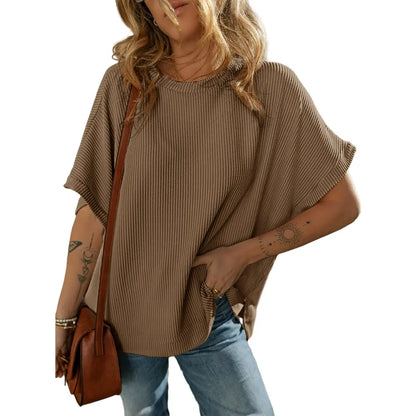 Dokotoo Women's Summer Casual Short Sleeve Solid Color Loose Texture Knit Tunic Tops Blouses with Crew Neck & Side Slits