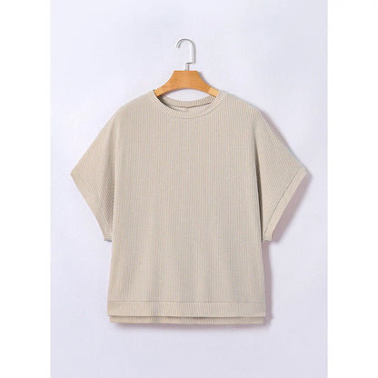 Dokotoo Women's Summer Casual Short Sleeve Solid Color Loose Texture Knit Tunic Tops Blouses with Crew Neck & Side Slits