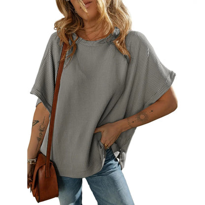 Dokotoo Women's Summer Casual Short Sleeve Solid Color Loose Texture Knit Tunic Tops Blouses with Crew Neck & Side Slits