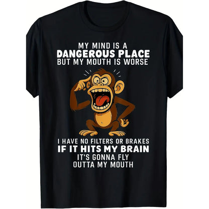 Mens Humorous Monkey Graphic T Shirt Featuring My Mind Is a Dangerous Place Slogan Perfect Casual Short Sleeve Party Tee for Fourth of July Comfortable Breathable Soft Fabric with Medium Stretch and Round Neck