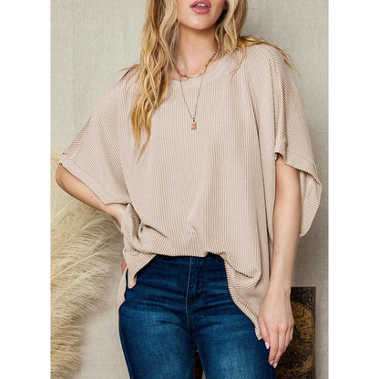 Dokotoo Women's Summer Casual Short Sleeve Solid Color Loose Texture Knit Tunic Tops Blouses with Crew Neck & Side Slits