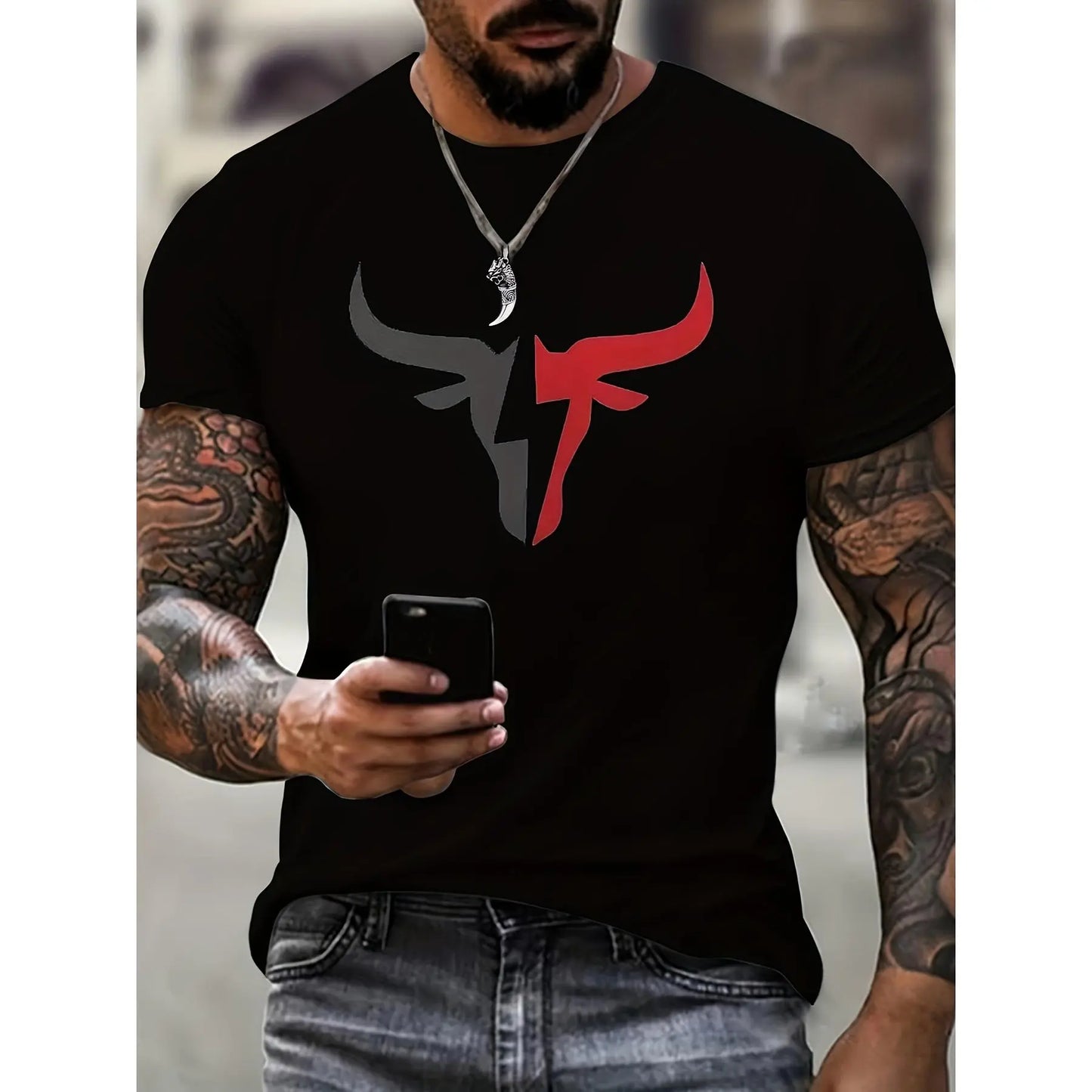 Cotton Short Sleeve  T-Shirt Men's Bull Graphic Print T-shirt, Casual Short Sleeve Crew Neck Tee, Men's Clothing For Summer Outdoor Streetwear