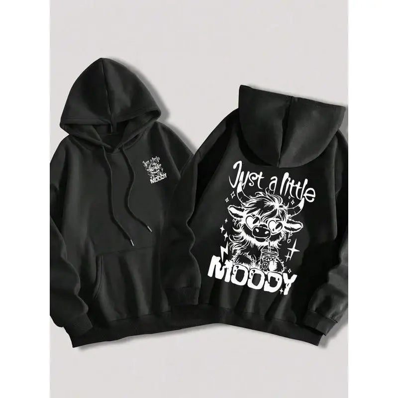 Women's Cartoon Highland Cow Print Hoodie, Casual Thermal Lined Long Sleeve Hooded Sweatshirt for Fall & Winter, Women's Clothes for Daily Wear