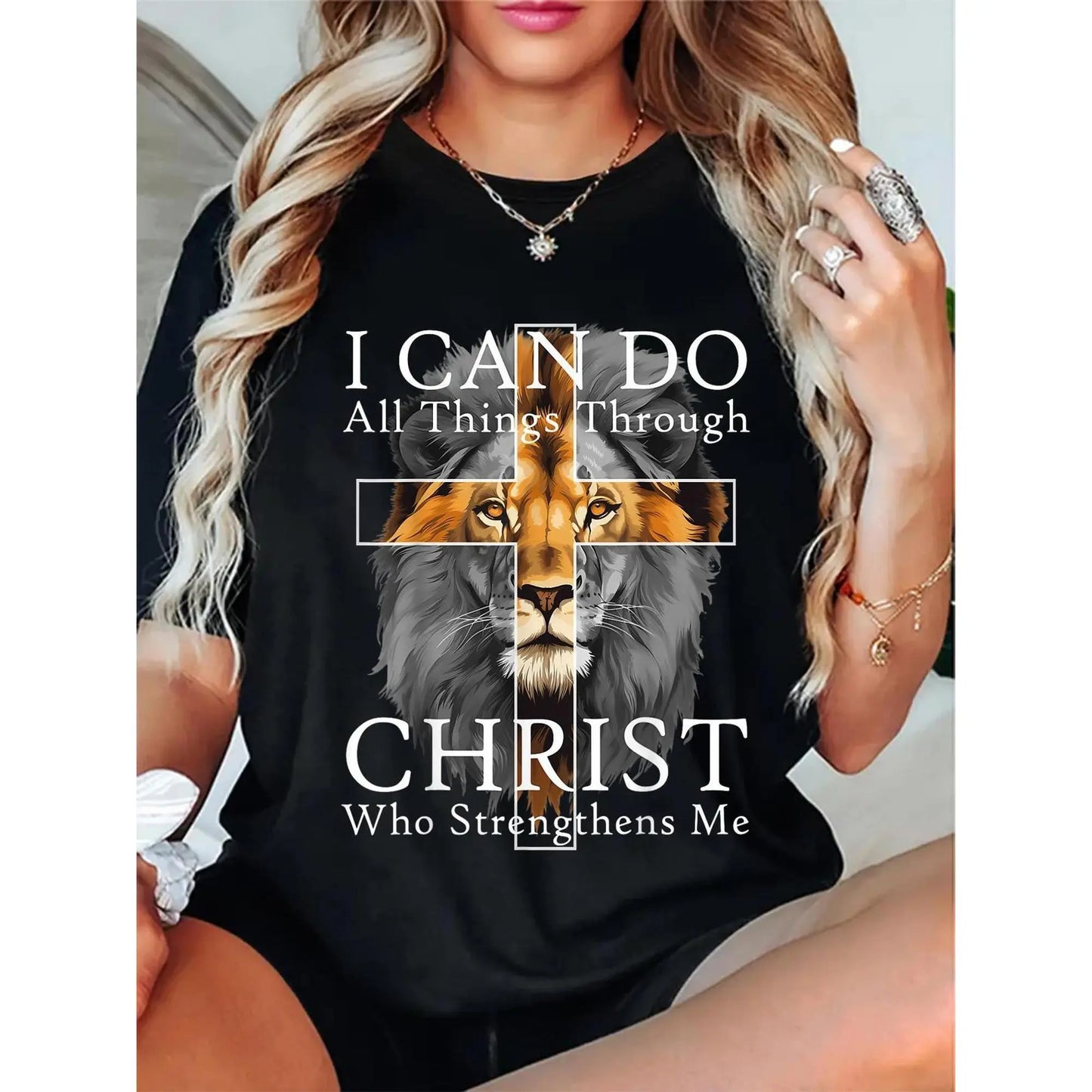 [100%25 Cotton]  I Can Do All Things Through Christ Christian Lion Faith T-Shirt Women'S Men Graphic Tee Casual Round Neck Short Sleeve T-Shirt Golf Gift T-Shirt For Men And Women.