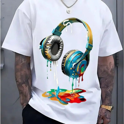 Men's Navy Blue Graphic Tee with Vibrant Headphone Print - ,Casual & Trendy, Short Sleeve Crew Neck T-Shirt, Machine Washable for Summer Fashion, Street Fashion Tee |   Graphic Print Shirt |   Durable Casualwear