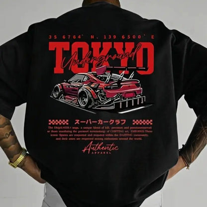 Men's regular version car and letter print crew neck T-shirt, street fashion casual short-sleeved T-shirt, daily wear men's tops, all seasons, tropical style, street wear.
