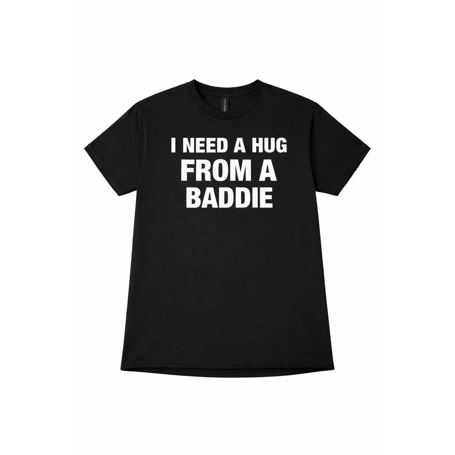 I need a T-shirt with the "Bad Guy Hug" printed on it, a versatile short sleeve, and a loose fit