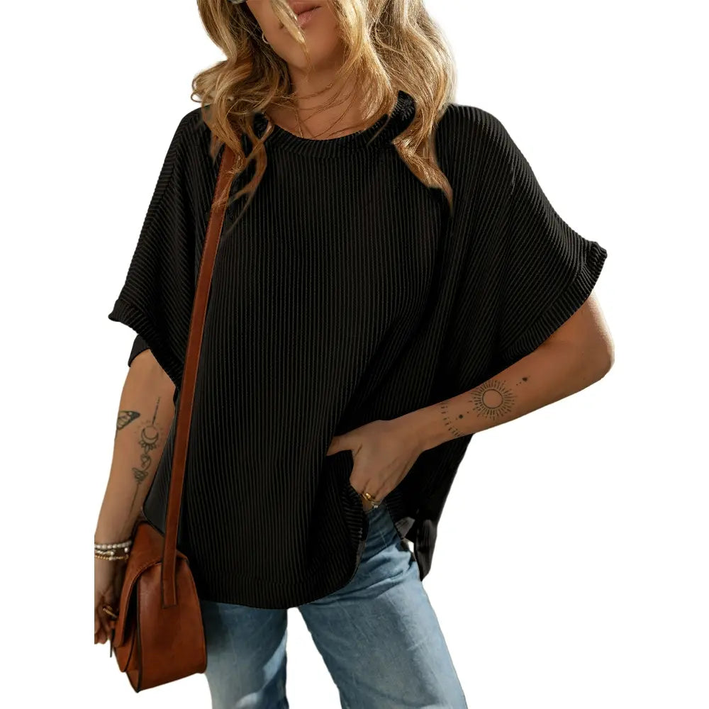 Dokotoo Women's Summer Casual Short Sleeve Solid Color Loose Texture Knit Tunic Tops Blouses with Crew Neck & Side Slits
