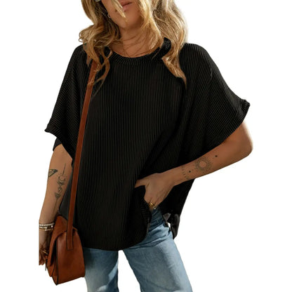 Dokotoo Women's Summer Casual Short Sleeve Solid Color Loose Texture Knit Tunic Tops Blouses with Crew Neck & Side Slits