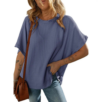 Dokotoo Women's Summer Casual Short Sleeve Solid Color Loose Texture Knit Tunic Tops Blouses with Crew Neck & Side Slits