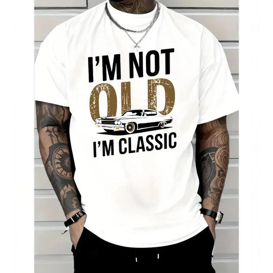 Cotton Men'S "I'M Not Old, I Am Classic" Pattern T-Shirt-Soft Cotton, Casual Crew Neck, Short Sleeve, Vintage Car Print-Suitable For Casual Wear Golf Gift T-Shirt For Men And Women
