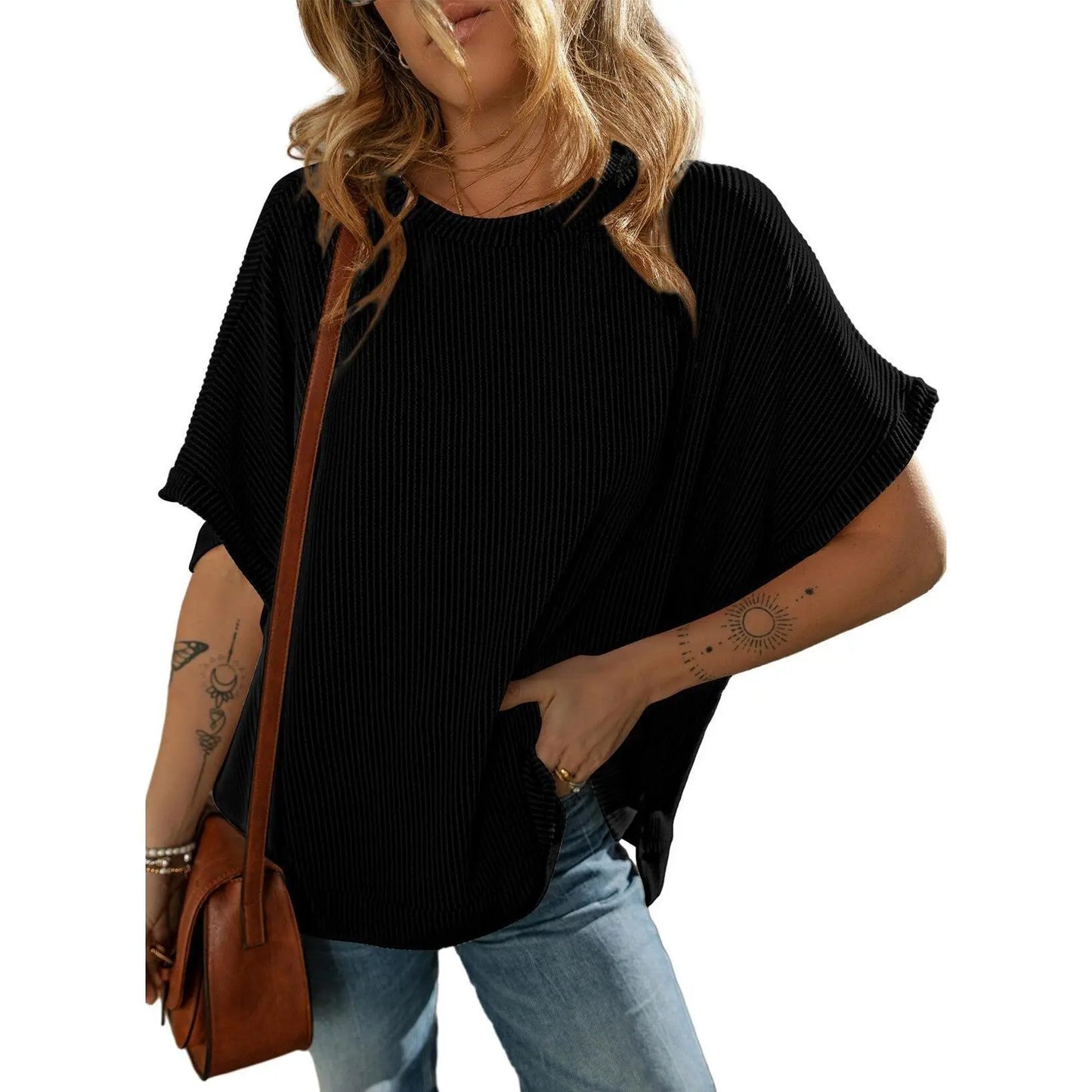 Dokotoo Women's Summer Casual Short Sleeve Solid Color Loose Texture Knit Tunic Tops Blouses with Crew Neck & Side Slits
