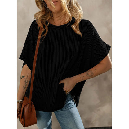 Dokotoo Women's Summer Casual Short Sleeve Solid Color Loose Texture Knit Tunic Tops Blouses with Crew Neck & Side Slits