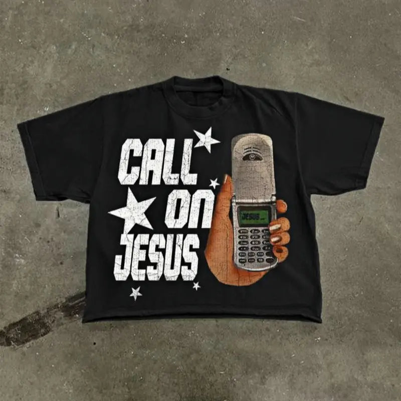 Men's Cotton T-Shirt, Short Sleeve, Phone & Star Print, Loose Fit, Casual Style, Summer Fashion, Outdoor Sports Streetwear.