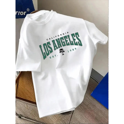 Simple Design, Palm Tree Element, Trendy Fashion Round Neck Short Sleeve, Trendy Brand Fashion, Outdoor Street Style, Suitable for Home and Travel, Comfortable Fabric, Men's Short Sleeve Top, Spring Summer Men's Pure Cotton T-Shirt Streetwear Casual