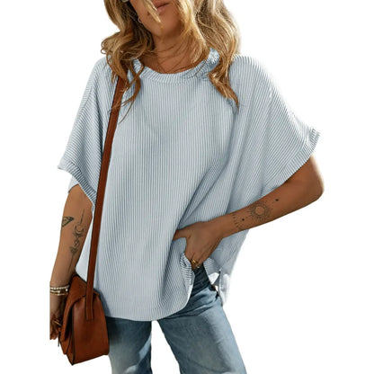 Dokotoo Women's Summer Casual Short Sleeve Solid Color Loose Texture Knit Tunic Tops Blouses with Crew Neck & Side Slits