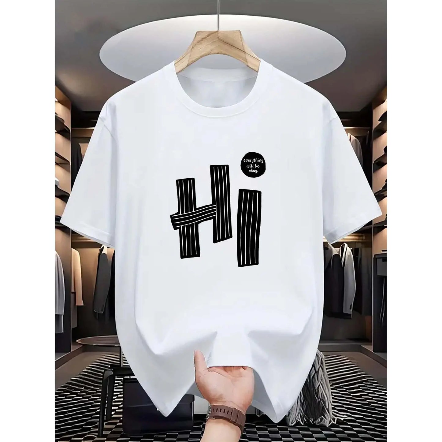 "hi" Letter, Pattern Print, Men's T-Shirt, Men's Novelty Pattern Design T-Shirt, Summer Casual Comfortable T-Shirt, Fashion Short Sleeve Comfortable Versatile Summer T-Shirt Top Round Neck Menswear Shortsleeve Polyester