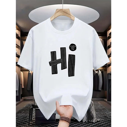 "hi" Letter, Pattern Print, Men's T-Shirt, Men's Novelty Pattern Design T-Shirt, Summer Casual Comfortable T-Shirt, Fashion Short Sleeve Comfortable Versatile Summer T-Shirt Top Round Neck Menswear Shortsleeve Polyester