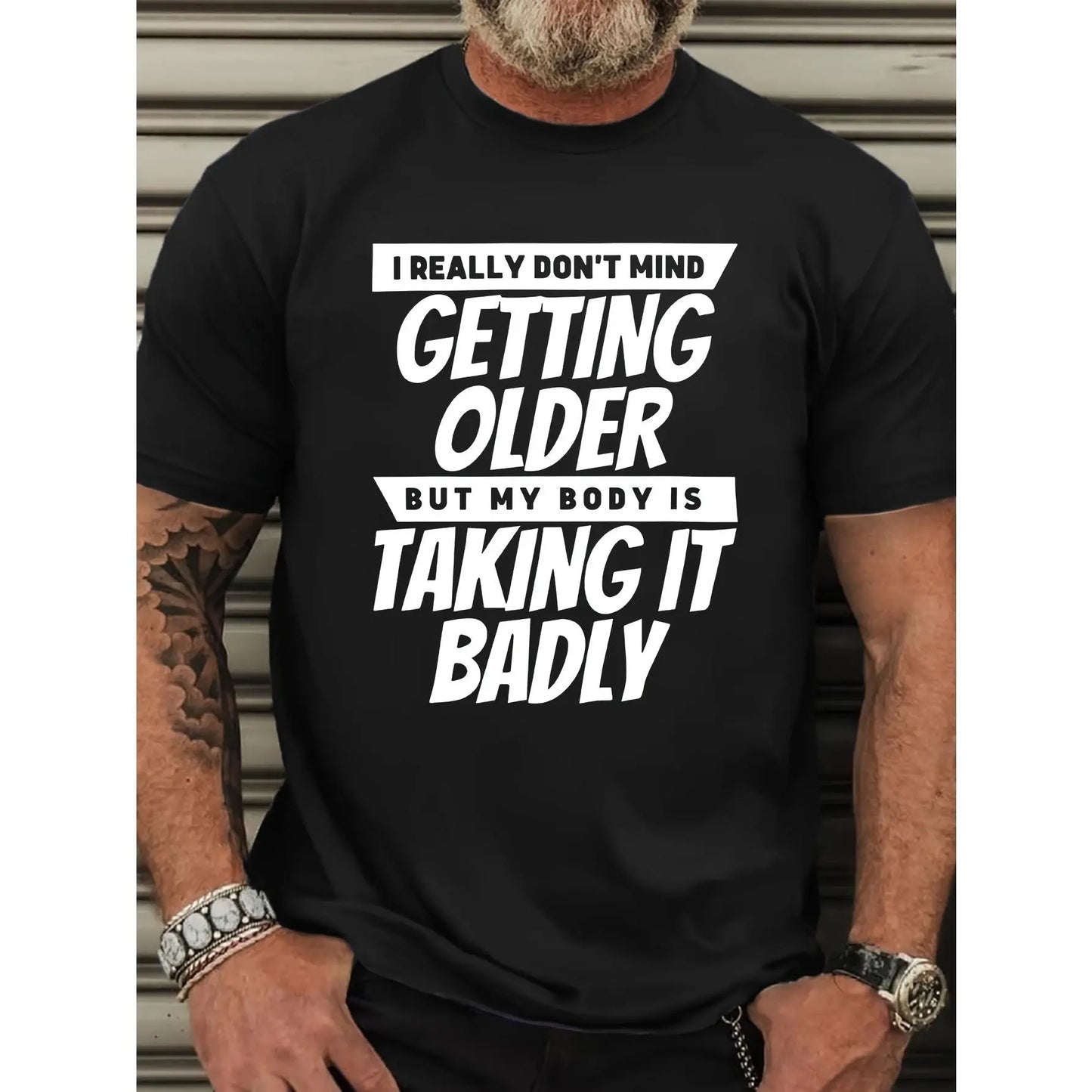 Plus Size Men's 'I Don't Mind Getting Older, But My Body Is Taking It Badly' Graphic Tee - Casual Round Neck T-Shirt, Breathable Polyester, Machine Washable, PLUS SIZE