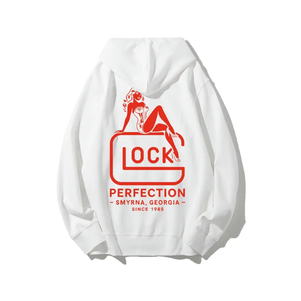 Vintage Style Glock Graphic Hoodie, Pin‑Up "Glock Perfection" Unisex Pullover With Georgia Since 1985 Print, Cozy Soft Cotton Gift For Fans