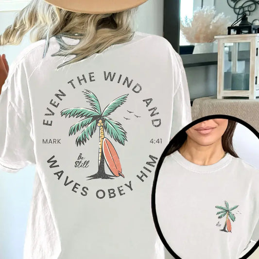 Christian Bible Verse Pattern T Shirt, Beachy Backprint Tops, Trendy Coconut Tree Shirt Unisex Tee Teen Baptism Gift Ocean Inspired Style