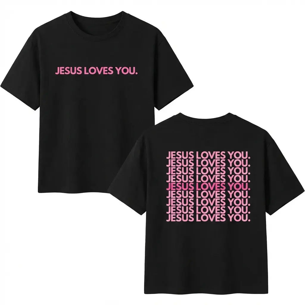 Unisex 230GSM Washed T-Shirt - "Jesus Loves You" Religious Pattern, Pink/Green Double-Sided Print, Crew Neck Church/Casual Wear Machine Washable Gift