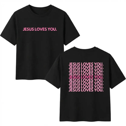 Unisex 230GSM Washed T-Shirt - "Jesus Loves You" Religious Pattern, Pink/Green Double-Sided Print, Crew Neck Church/Casual Wear Machine Washable Gift