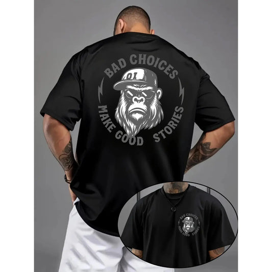 Bad Choices Make Good Stories Chimpanzee Print Men's T-shirt, Menswear,Men's Solid Color Crewneck Tee for Gym & Casual