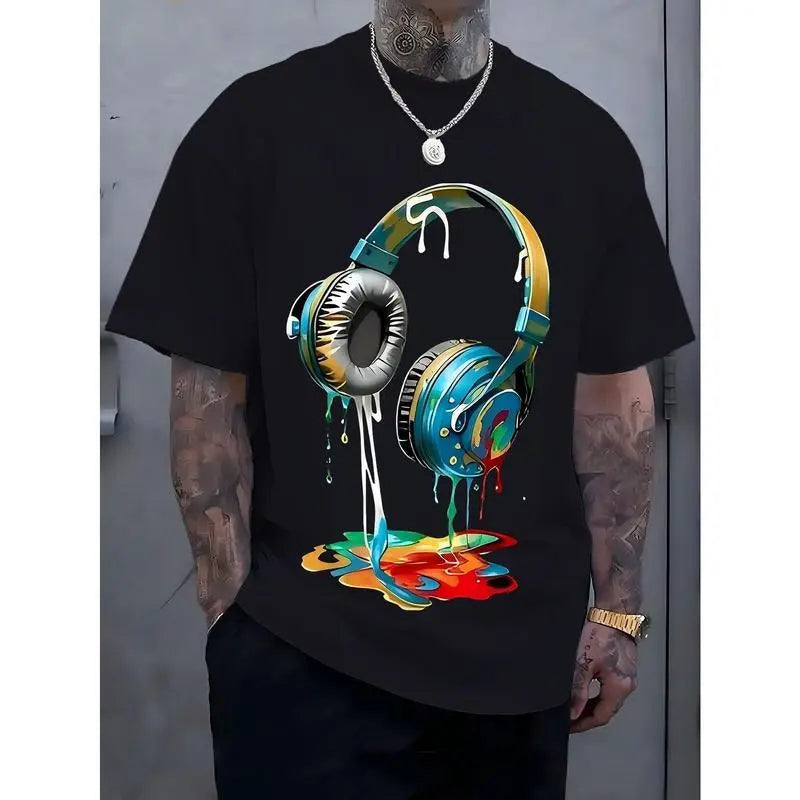 Men's Navy Blue Graphic Tee with Vibrant Headphone Print - ,Casual & Trendy, Short Sleeve Crew Neck T-Shirt, Machine Washable for Summer Fashion, Street Fashion Tee |   Graphic Print Shirt |   Durable Casualwear