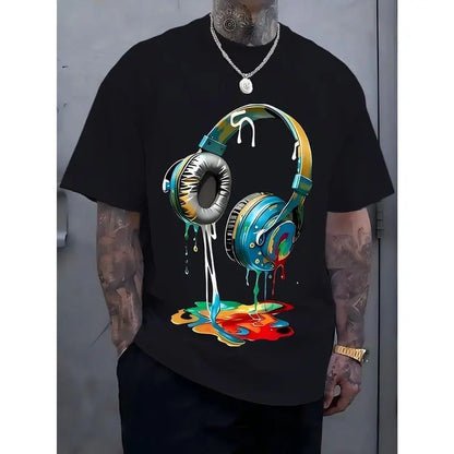 Men's Navy Blue Graphic Tee with Vibrant Headphone Print - ,Casual & Trendy, Short Sleeve Crew Neck T-Shirt, Machine Washable for Summer Fashion, Street Fashion Tee |   Graphic Print Shirt |   Durable Casualwear