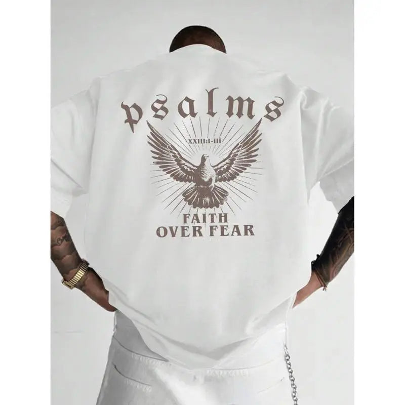 Faith is Better Than Fear T-shirt with psalm design, loose version crew neck short sleeves, men's casual wear, sports fan gift, bright black T-shirt.