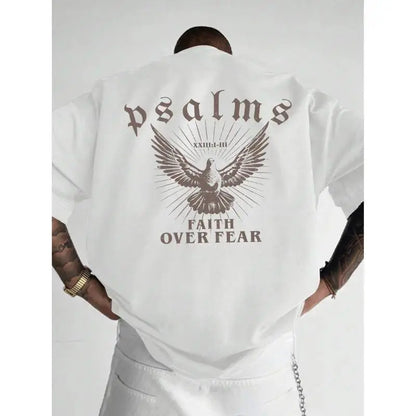 Faith is Better Than Fear T-shirt with psalm design, loose version crew neck short sleeves, men's casual wear, sports fan gift, bright black T-shirt.